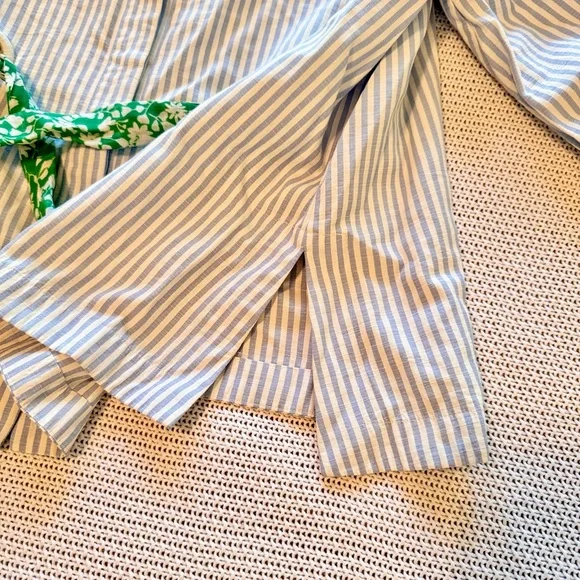 TANYA TAYLOR Blue Striped Blouse w Green Sash Women’s Top - Picture 7 of 14